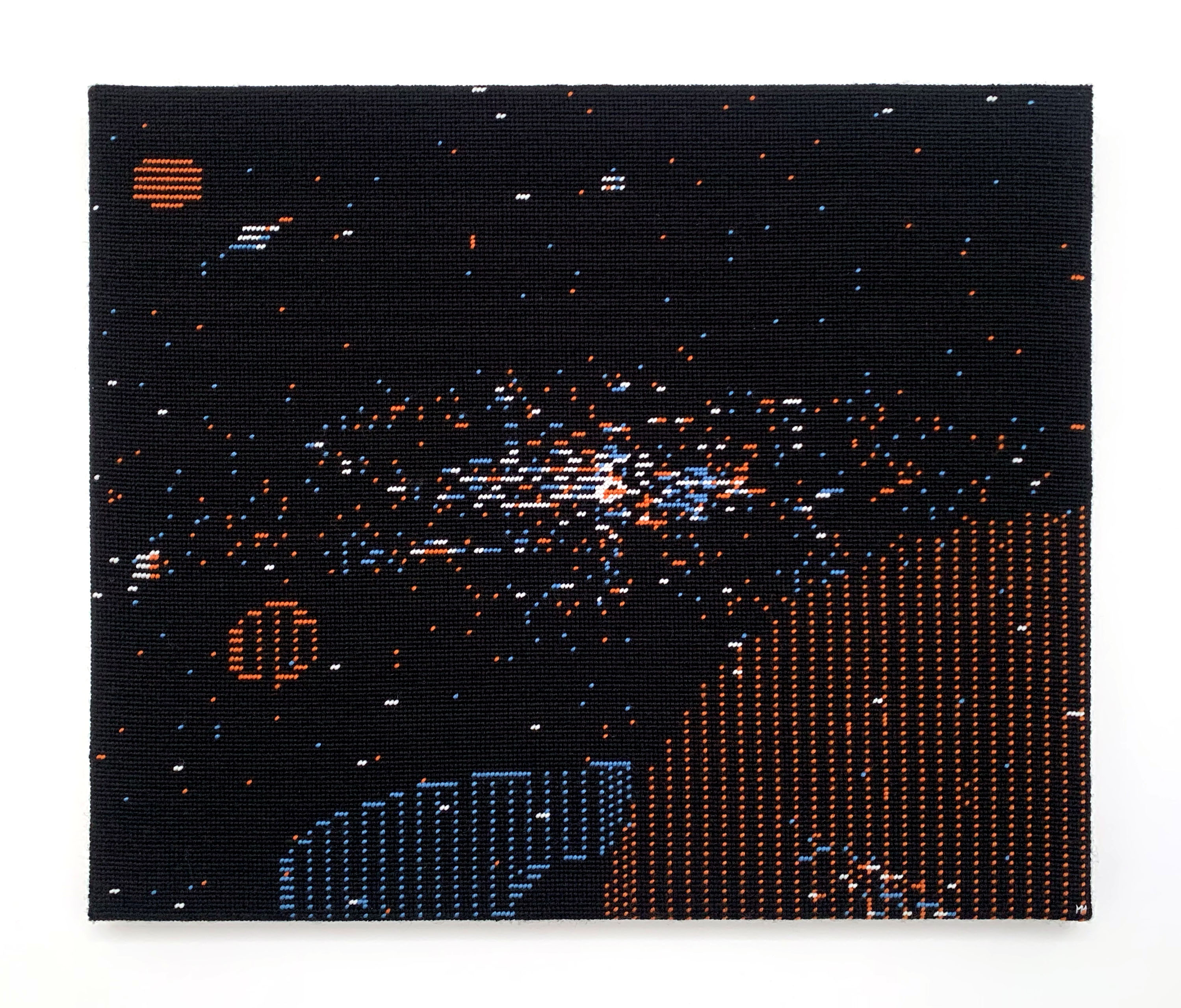  / Tapisserie à l’aiguille représentant une scène tirée d’*A.E.* (jeu vidéo conçu par Jun Wada et Makoto Horai) dans sa version sur Apple II. Œuvre de l’artiste Marine Beaufils.