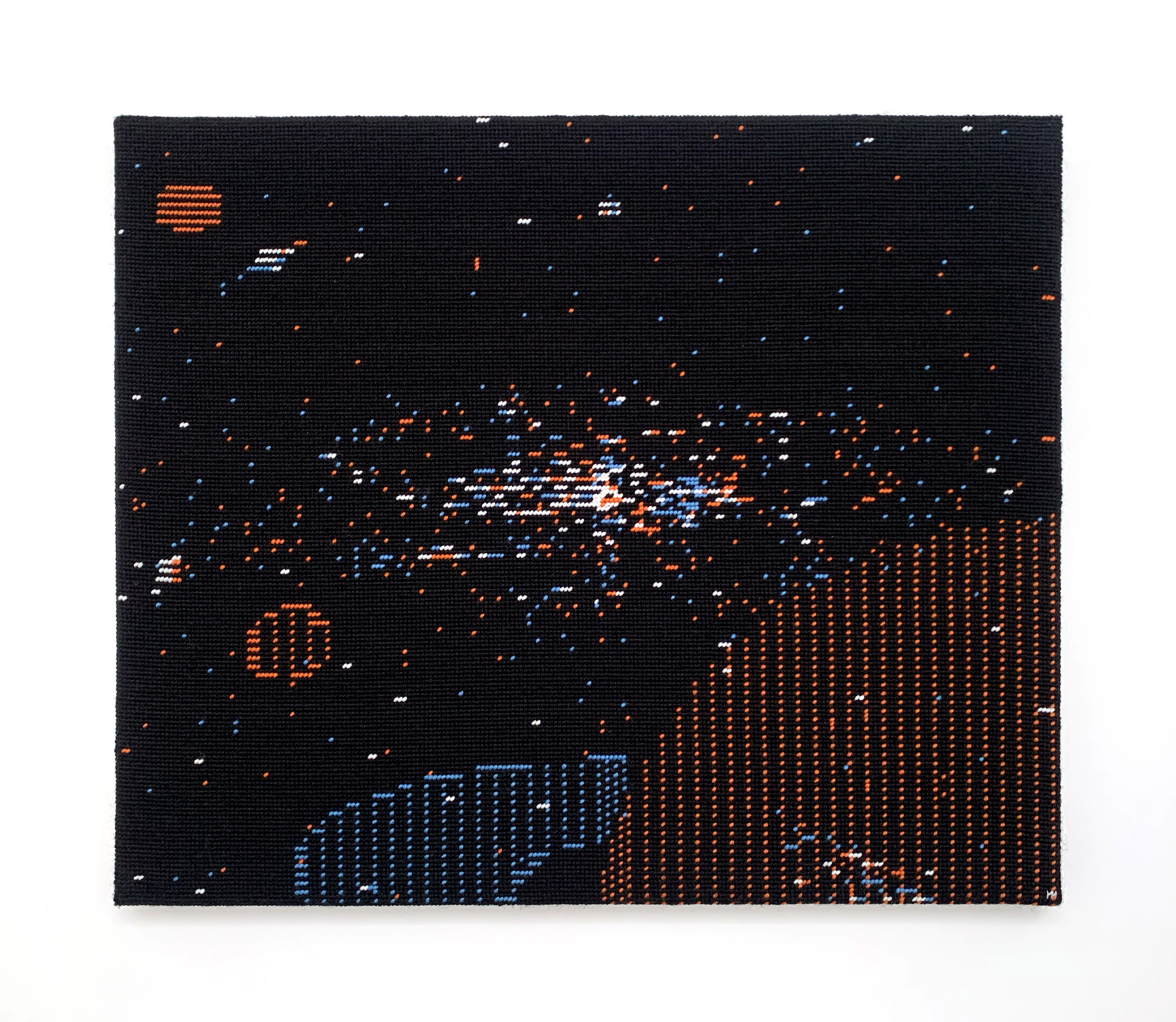  / Needlepoint of a scene from *A.E.*—video game conceived by Jun Wada and Makoto Horai—in its Apple II version. Art by artist Marine Beaufils.