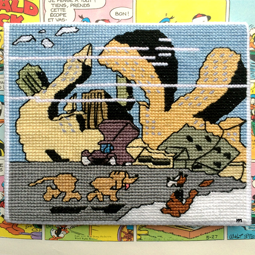  / Cross-stitched representation of Carl Barks’ comic strip *Rip Van Donald*. Work by artist Marine Beaufils.