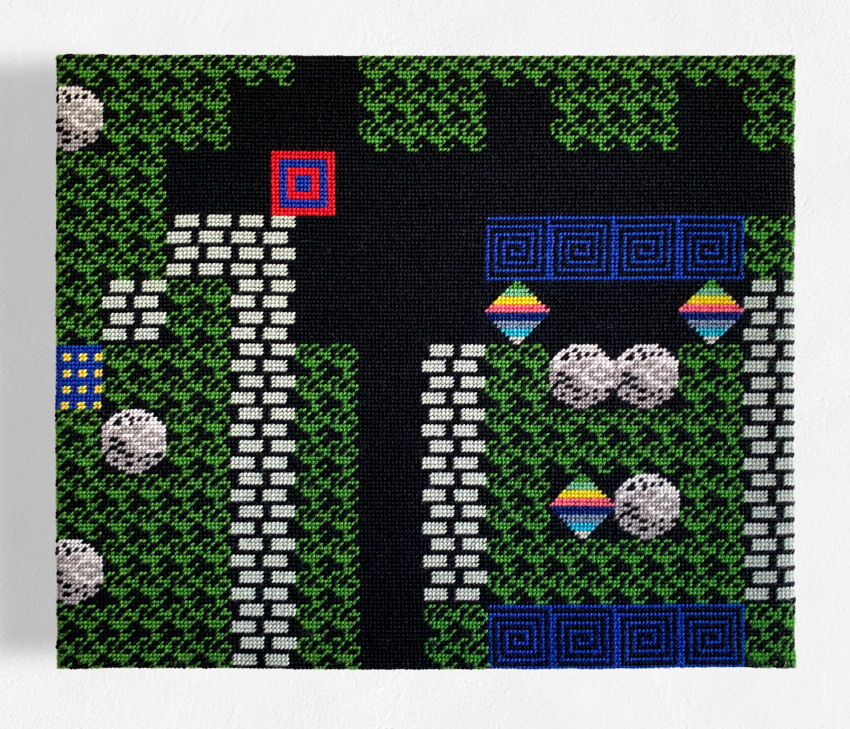  / Needlepoint of an area from the video game *La mine aux diamants* in its MO5 version. Art by artist Marine Beaufils.