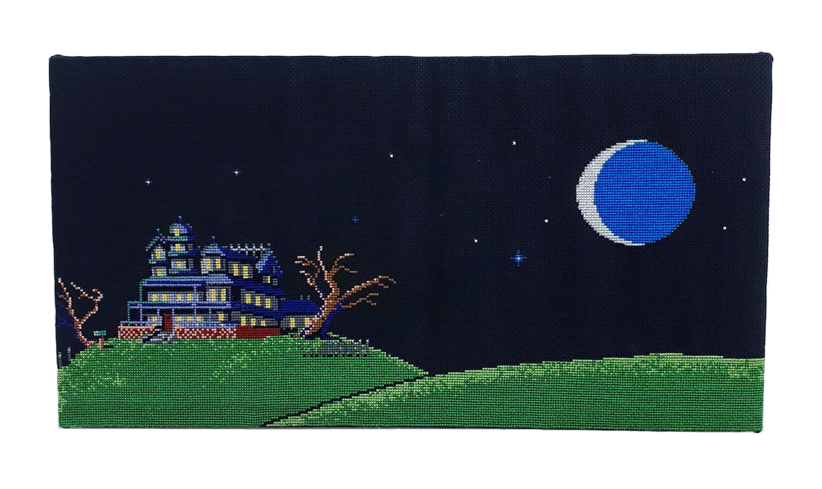  / Cross-stitch embroidery from *Maniac Mansion* intro—video game conceived by Ron Gilbert and Gary Winnick—in its Amiga version. Art by artist Marine Beaufils.