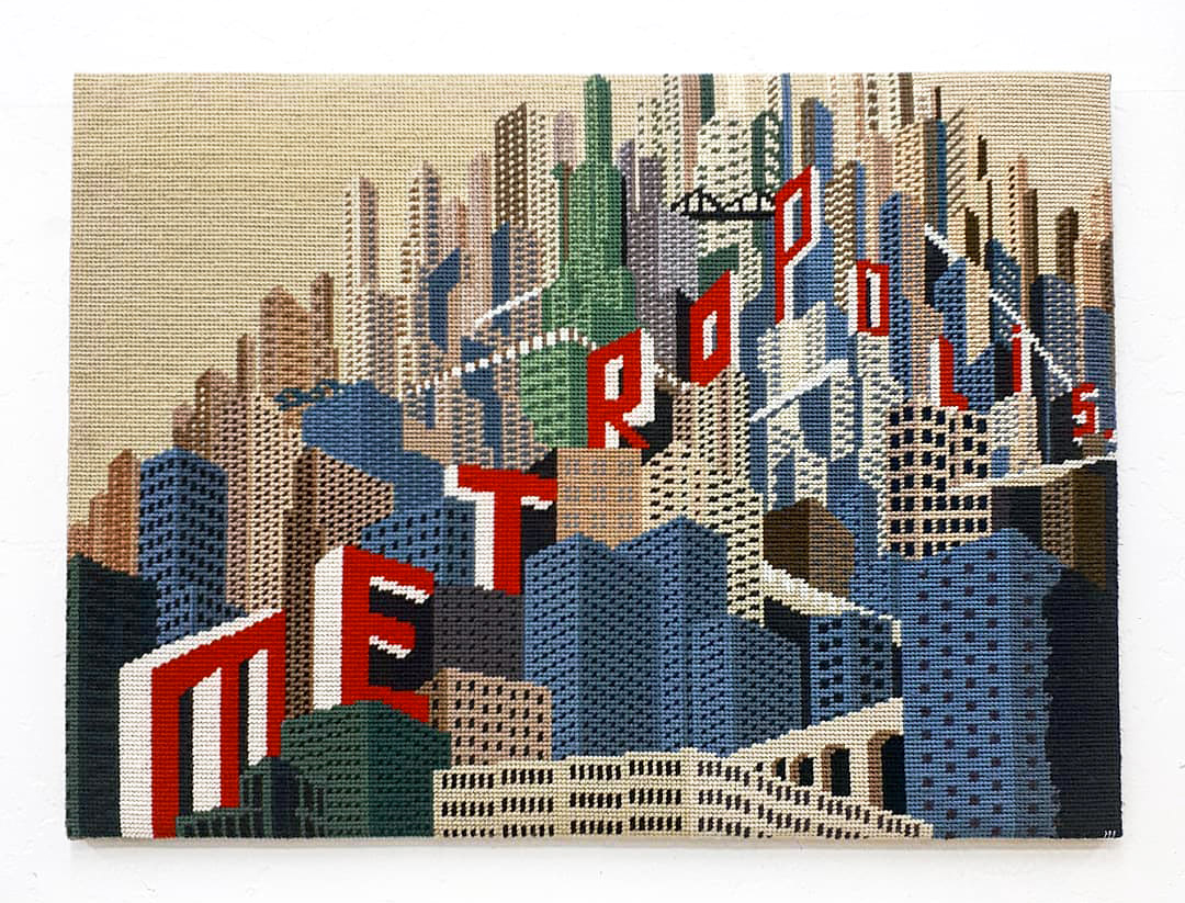  / Needlepoint of Boris Bilinsky’s poster of Fritz Lang’s *Metropolis*. Art by artist Marine Beaufils.