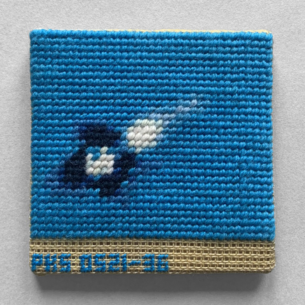  / Needlepoint of galaxy PKS 0521-36, inspired by an ESO 3.6 m Telescope shot. Art by artist Marine Beaufils.