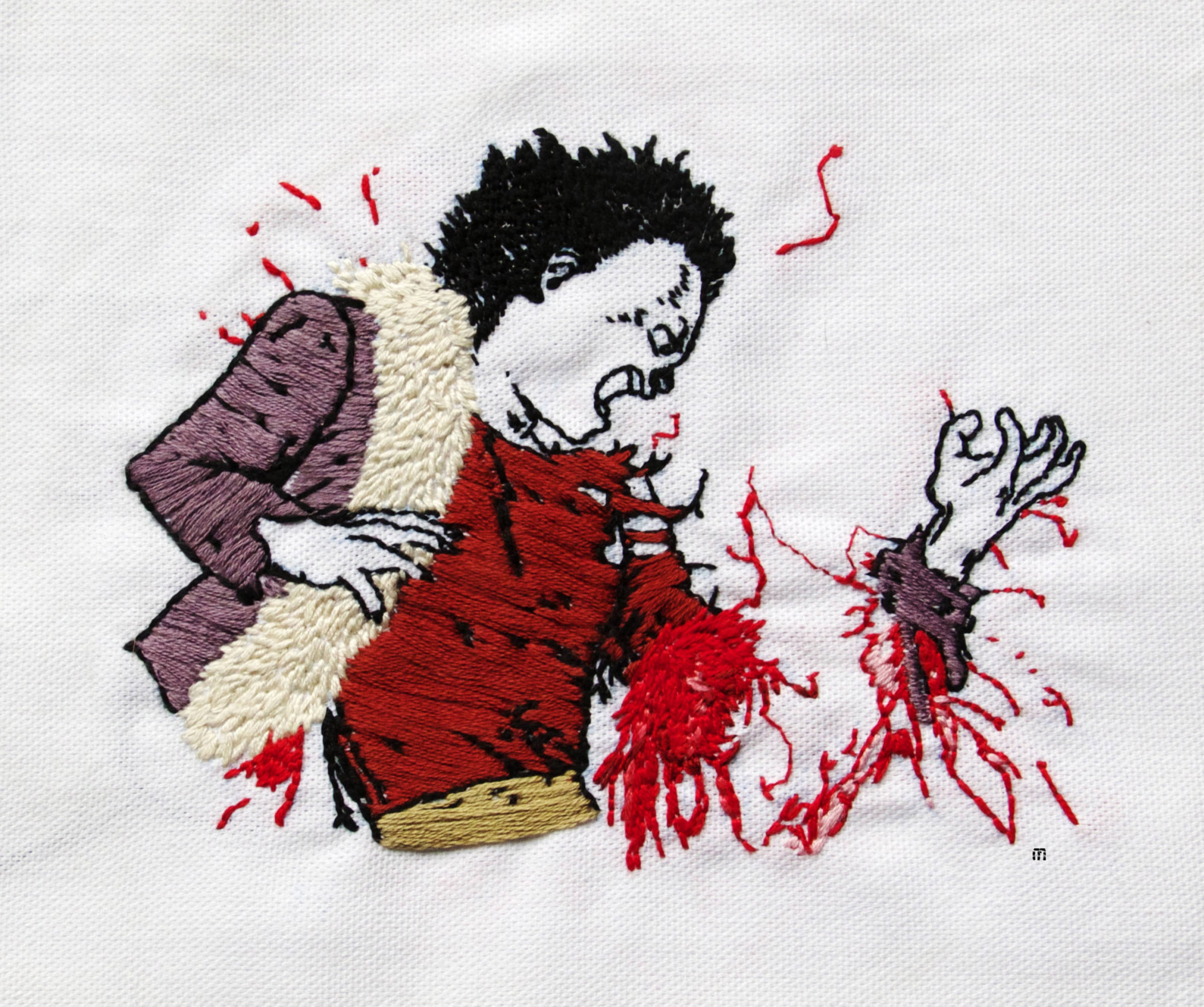  / Broderie représentant le personnage Tetsuo Shima d’après le manga *Akira* de Katsuhiro Ōtomo. Œuvre de l’artiste Marine Beaufils.